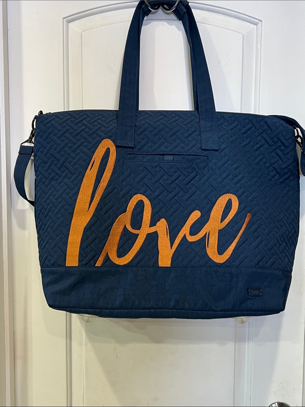 lug Navy Quilted Travel Tote with Tan Love Script